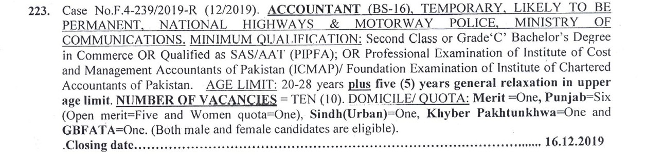 Accountant BS-16 FPSC Jobs December 2019 for National Highways & Motorway Police (NHMP) 